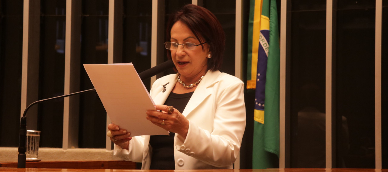 Pessoa no púlpito falando para um público em um plenário