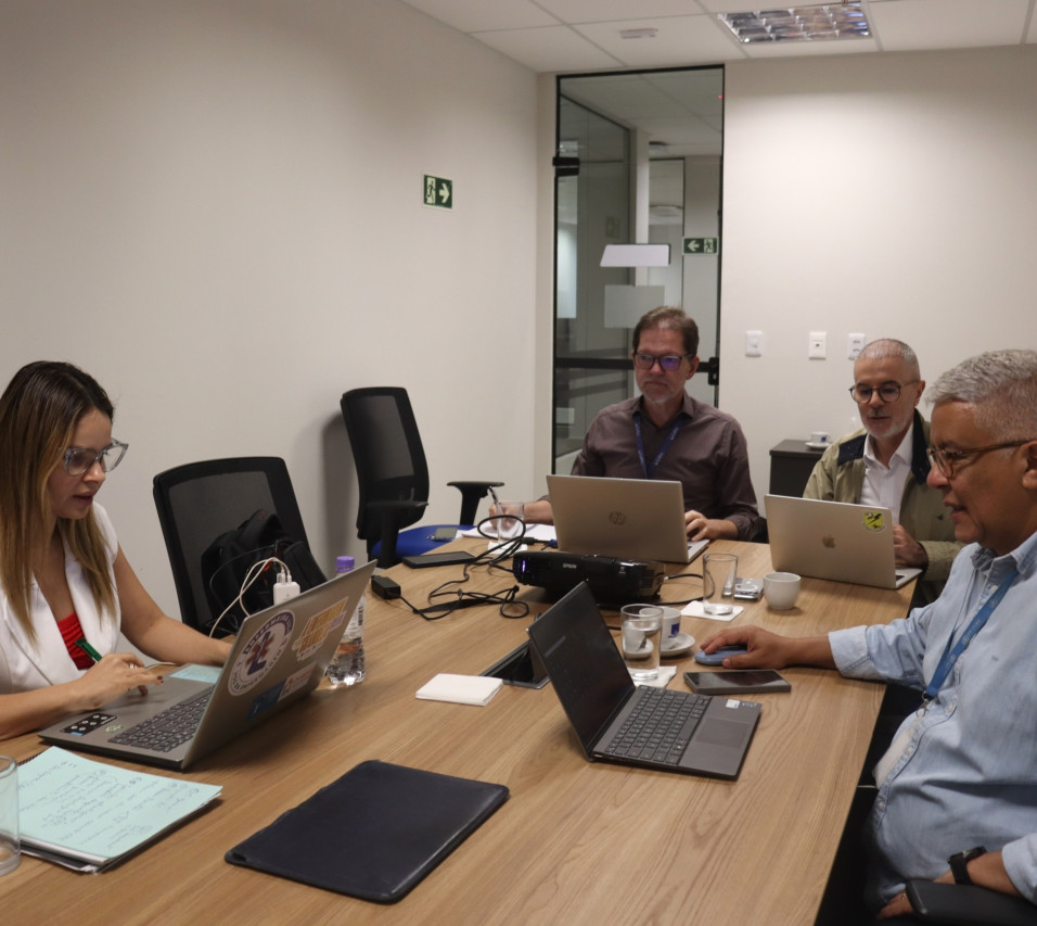 Quatro pessoas sentadas em uma mesa de reunião